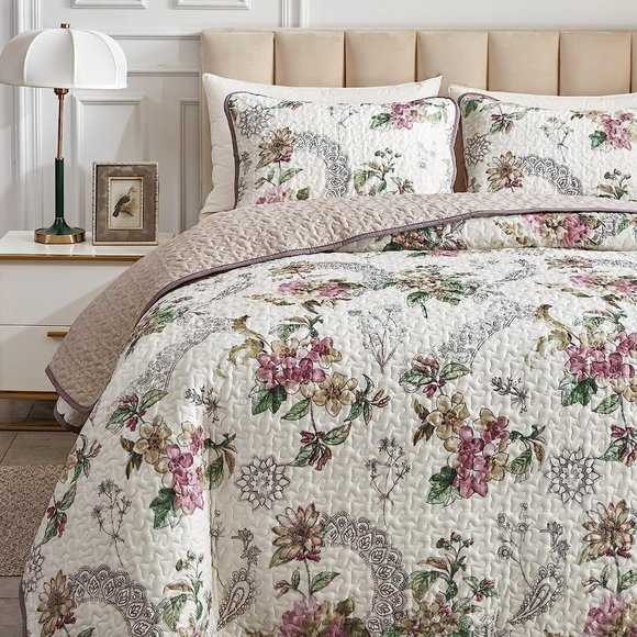 New Pink & Beige Floral 3-Piece 100% Polyester Quilt Set • Reversible • QUEEN - Picture 1 of 7